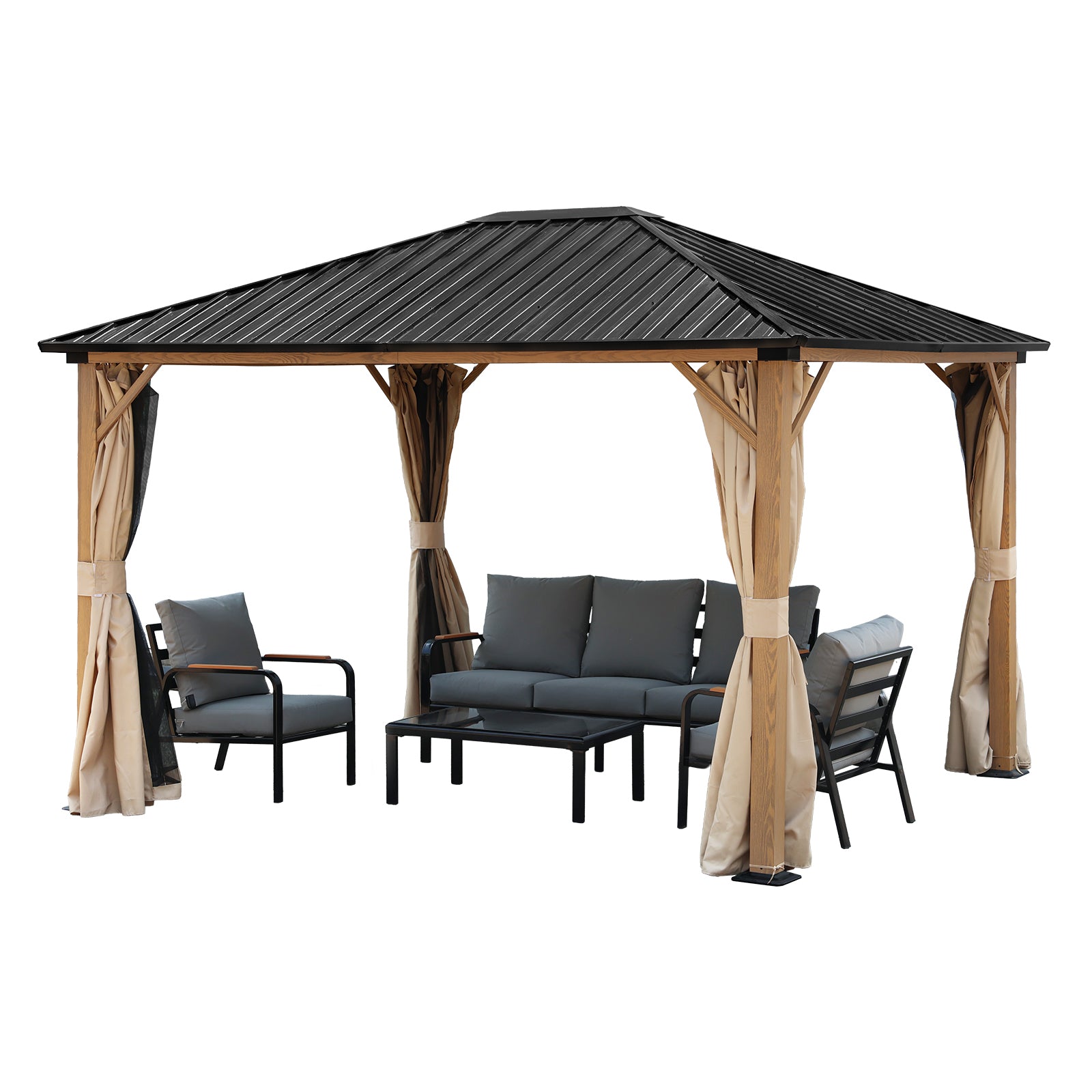 10'x12' Outdoor Hardtop Gazebo with Curtains and Mosquito Nettings, Wooden Finish Coated Aluminum Frame - Aoodor